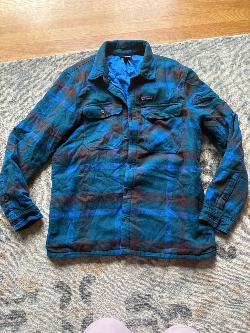 Patagonia Teal and Black Plaid Lightweight Shirt Jacket